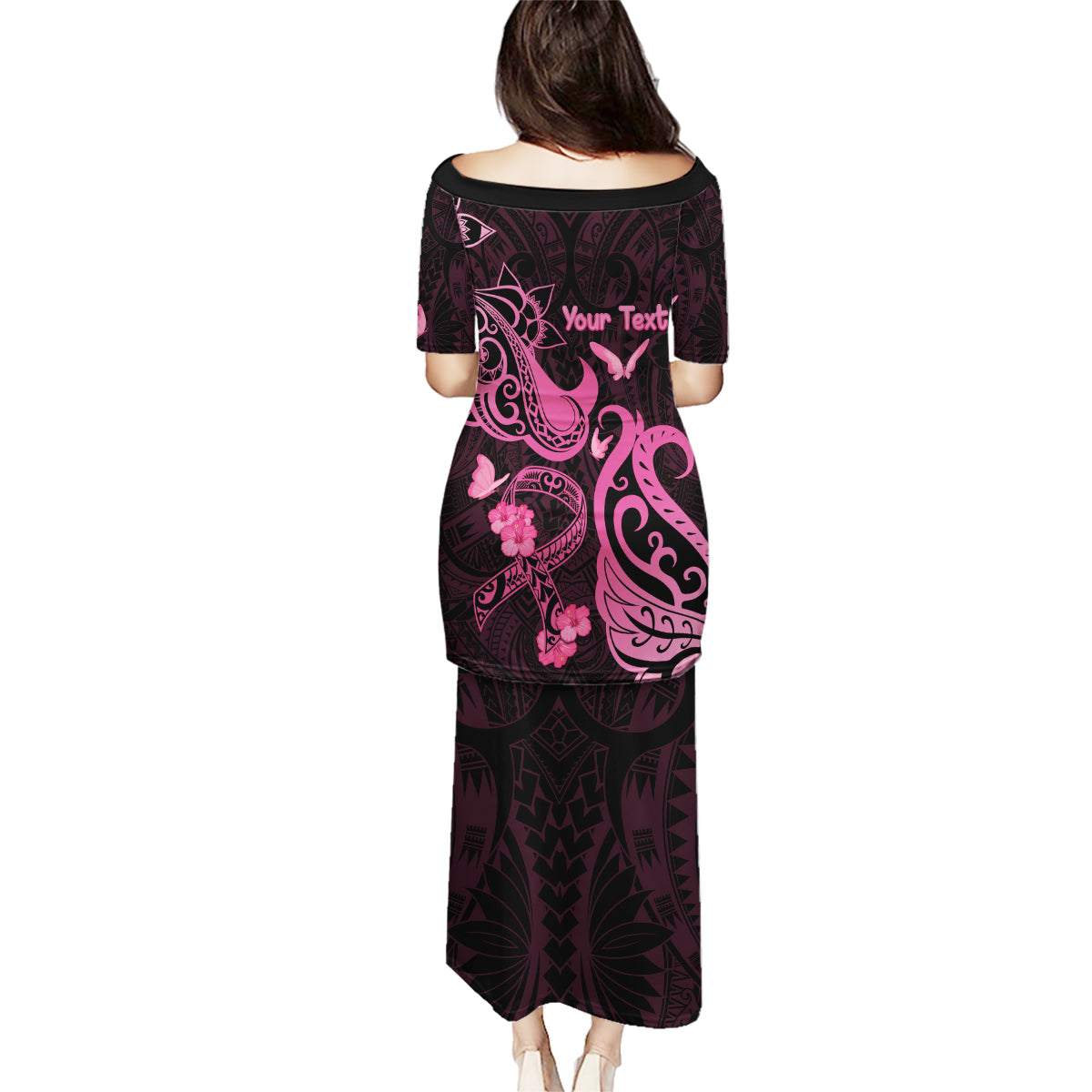 Personalized Breast Cancer Awareness Family Matching Puletasi Dress and Hawaiian Shirt Ribbon Polynesian Pattern Black Version LT05 - Polynesian Pride