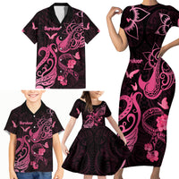 Personalized Breast Cancer Awareness Family Matching Short Sleeve Bodycon Dress and Hawaiian Shirt Ribbon Polynesian Pattern Black Version LT05 - Polynesian Pride