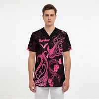 Personalized Breast Cancer Awareness Scrub Top Ribbon Polynesian Pattern Black Version - Polynesian Pride