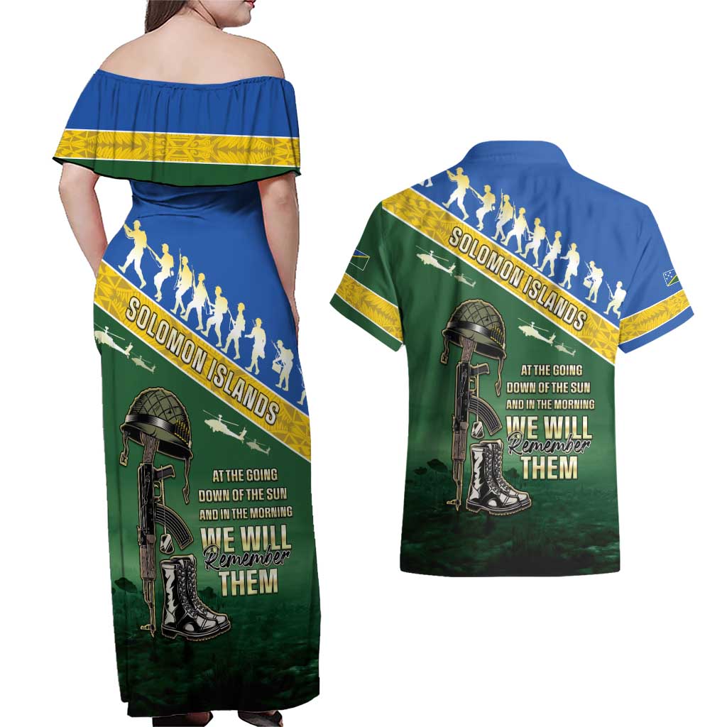 Solomon Islands Remembrance Day Couples Matching Off Shoulder Maxi Dress and Hawaiian Shirt Lest We Forget