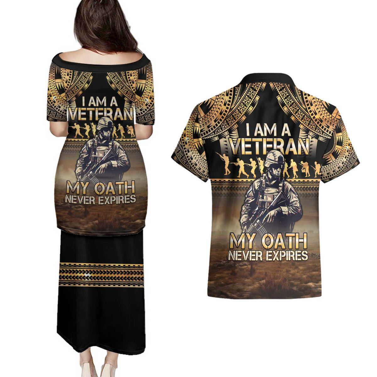 Polynesia Veterans Day Couples Matching Puletasi and Hawaiian Shirt Thank You Veterans Polynesian Pattern
