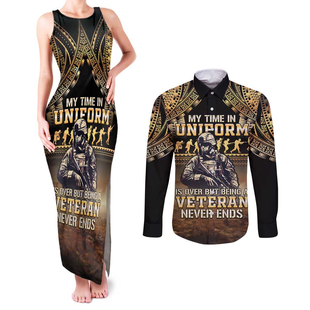 Polynesia Veterans Day Couples Matching Tank Maxi Dress and Long Sleeve Button Shirt Thank You Veterans Polynesian Pattern