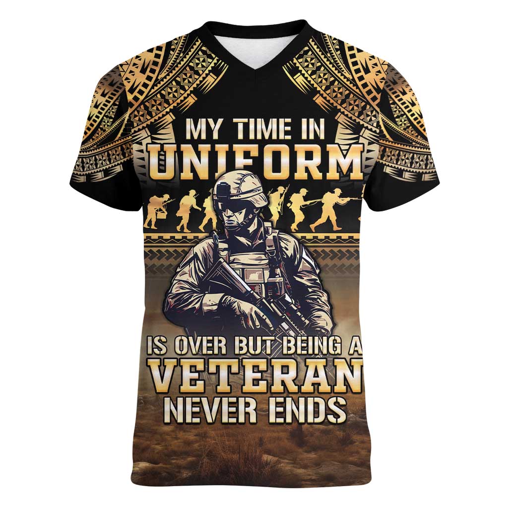 Polynesia Veterans Day Women V-Neck T-Shirt Thank You Veterans Polynesian Pattern