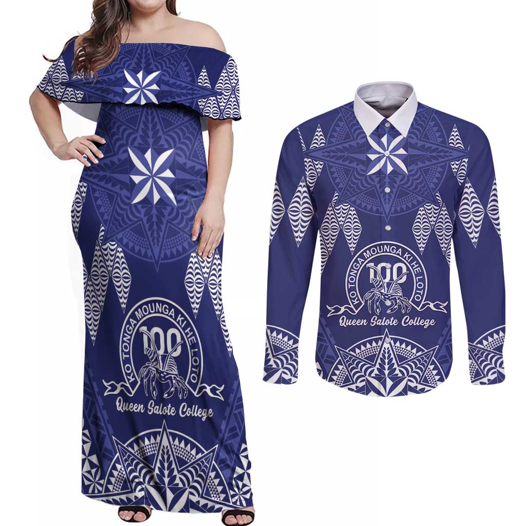 Personalised Queen Salote College Centenary Couples Matching Off Shoulder Maxi Dress and Long Sleeve Button Shirt Tongan Kupesi Pattern - Polynesian Pride