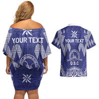 Personalised Queen Salote College Centenary Couples Matching Off Shoulder Short Dress and Hawaiian Shirt Tongan Kupesi Pattern - Polynesian Pride