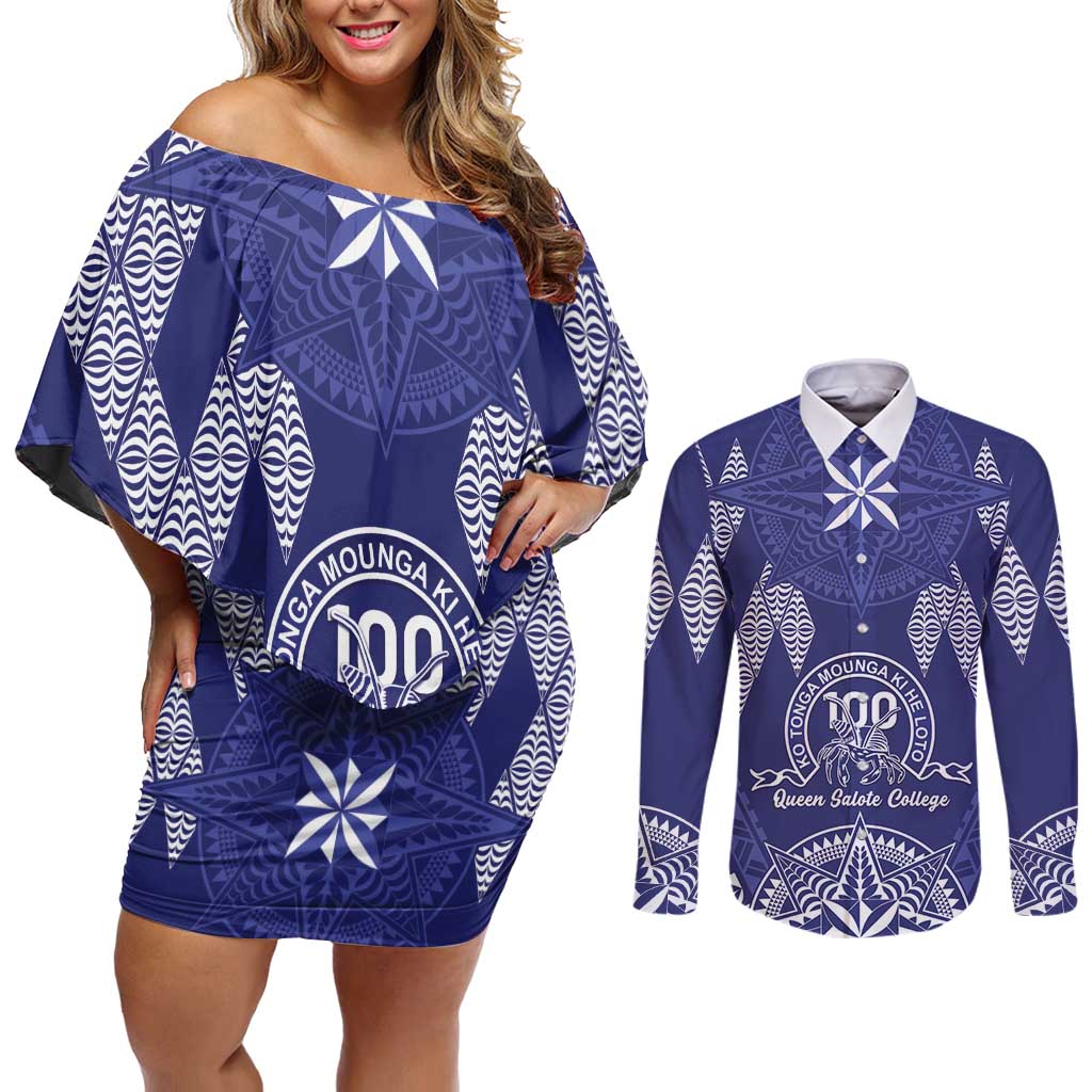 Personalised Queen Salote College Centenary Couples Matching Off Shoulder Short Dress and Long Sleeve Button Shirt Tongan Kupesi Pattern - Polynesian Pride