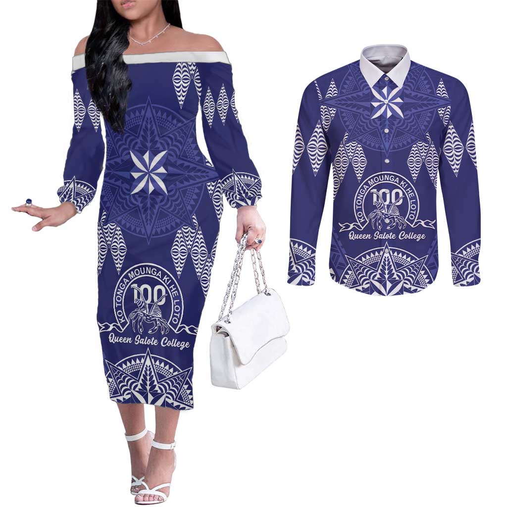 Personalised Queen Salote College Centenary Couples Matching Off The Shoulder Long Sleeve Dress and Long Sleeve Button Shirt Tongan Kupesi Pattern - Polynesian Pride