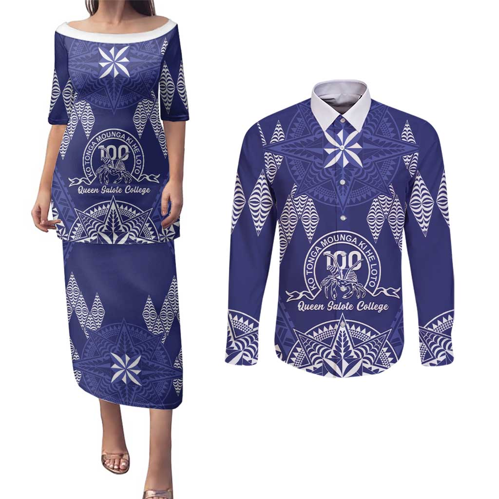 Personalised Queen Salote College Centenary Couples Matching Puletasi and Long Sleeve Button Shirt Tongan Kupesi Pattern - Polynesian Pride