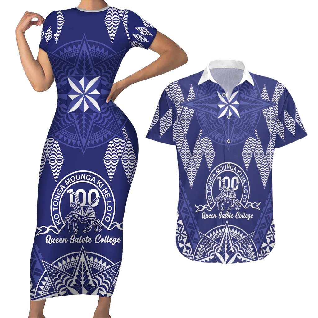 Personalised Queen Salote College Centenary Couples Matching Short Sleeve Bodycon Dress and Hawaiian Shirt Tongan Kupesi Pattern - Polynesian Pride