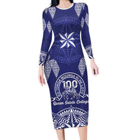Personalised Queen Salote College Centenary Family Matching Long Sleeve Bodycon Dress and Hawaiian Shirt Tongan Kupesi Pattern LT05 Mom's Dress Navy - Polynesian Pride