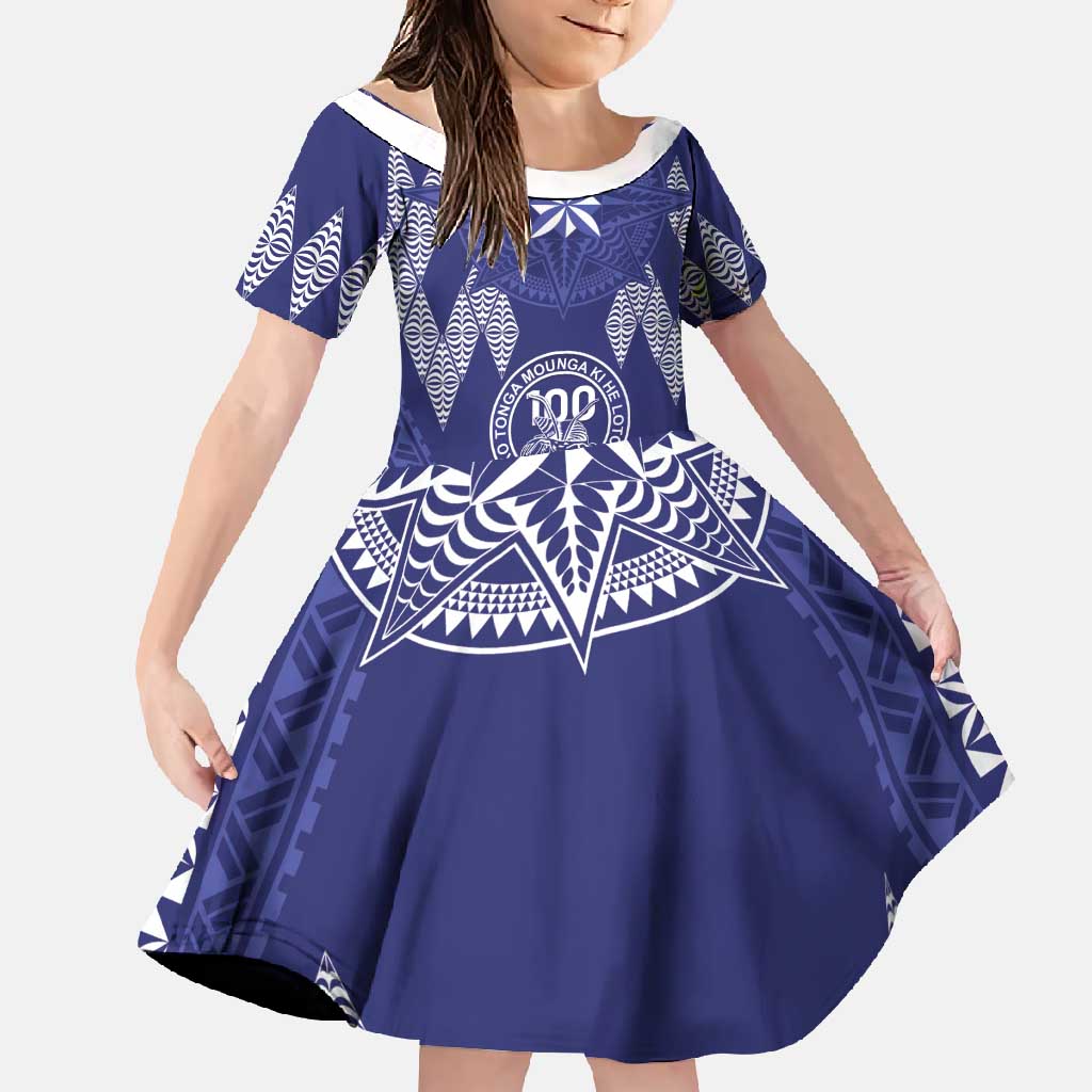 Personalised Queen Salote College Centenary Family Matching Mermaid Dress and Hawaiian Shirt Tongan Kupesi Pattern LT05 Daughter's Dress Navy - Polynesian Pride
