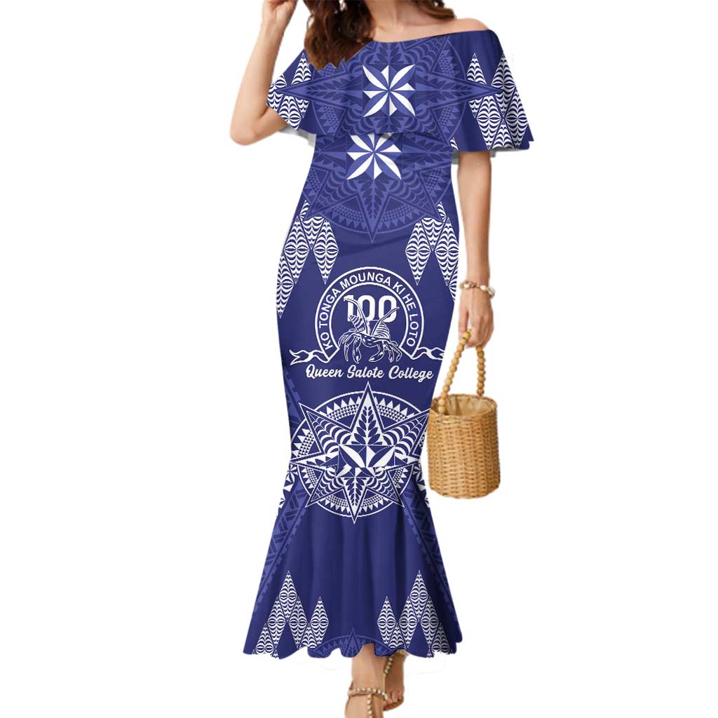 Personalised Queen Salote College Centenary Family Matching Mermaid Dress and Hawaiian Shirt Tongan Kupesi Pattern LT05 Mom's Dress Navy - Polynesian Pride