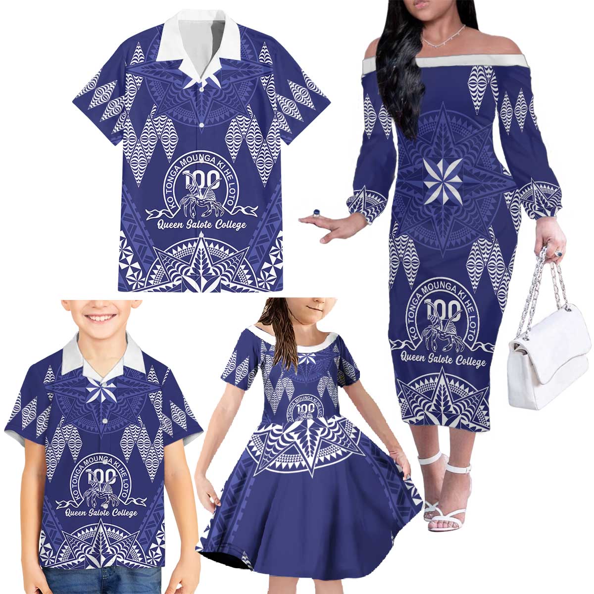 Personalised Queen Salote College Centenary Family Matching Off The Shoulder Long Sleeve Dress and Hawaiian Shirt Tongan Kupesi Pattern LT05 - Polynesian Pride