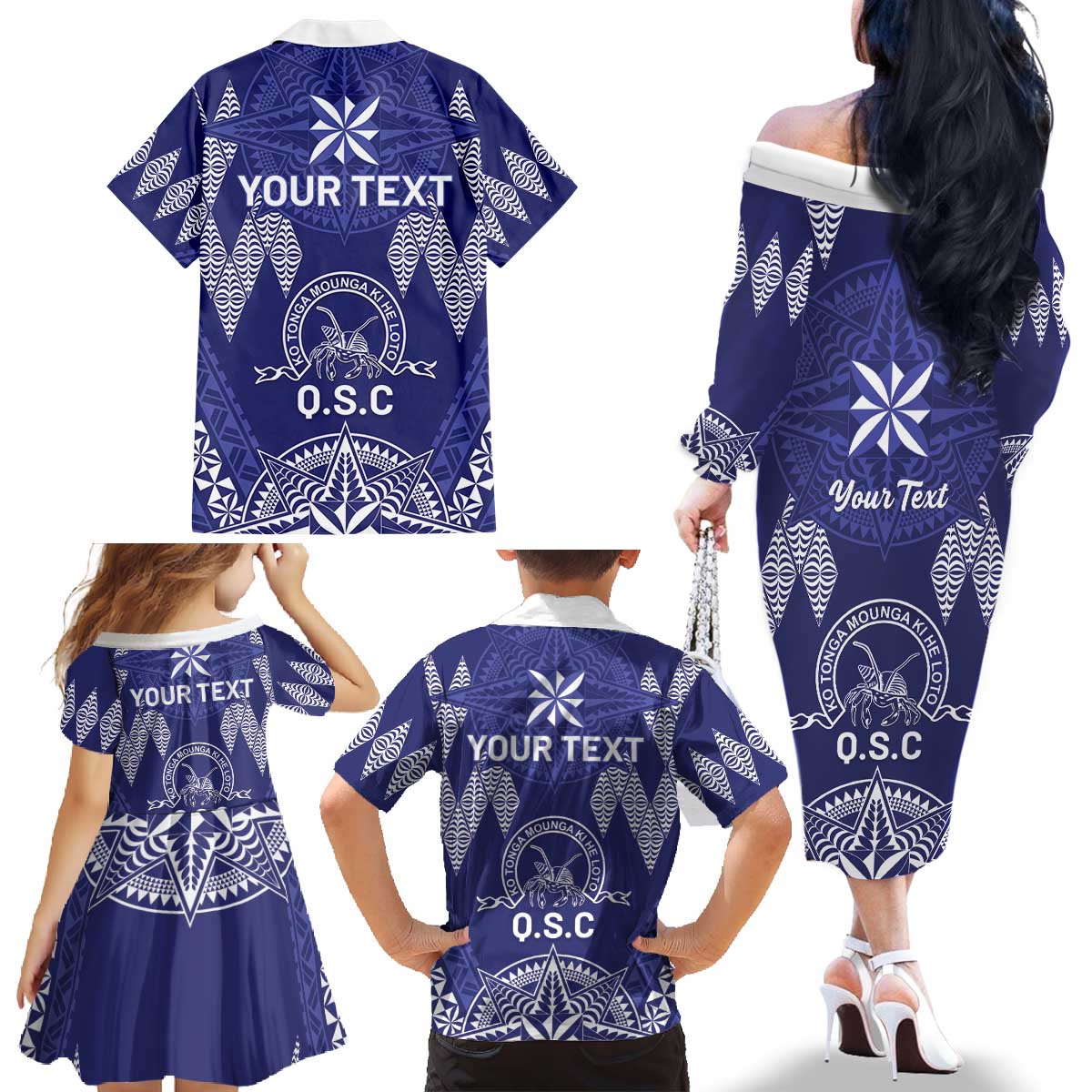 Personalised Queen Salote College Centenary Family Matching Off The Shoulder Long Sleeve Dress and Hawaiian Shirt Tongan Kupesi Pattern LT05 - Polynesian Pride