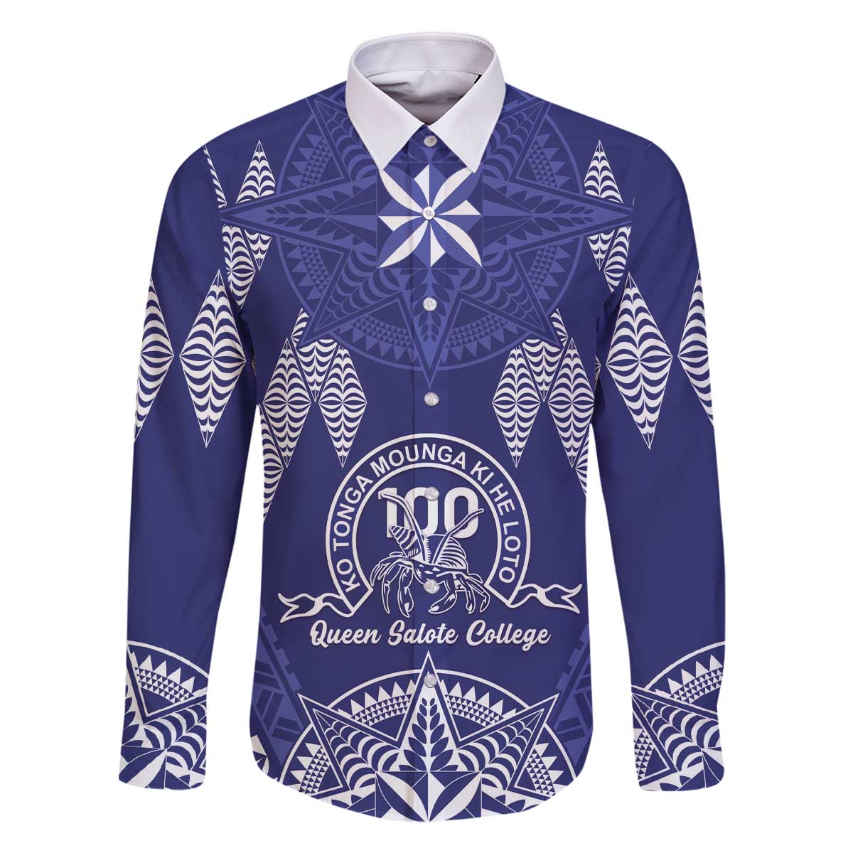 Personalised Queen Salote College Centenary Family Matching Off The Shoulder Long Sleeve Dress and Hawaiian Shirt Tongan Kupesi Pattern LT05 Dad's Shirt - Long Sleeve Navy - Polynesian Pride