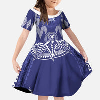 Personalised Queen Salote College Centenary Family Matching Short Sleeve Bodycon Dress and Hawaiian Shirt Tongan Kupesi Pattern LT05 Daughter's Dress Navy - Polynesian Pride