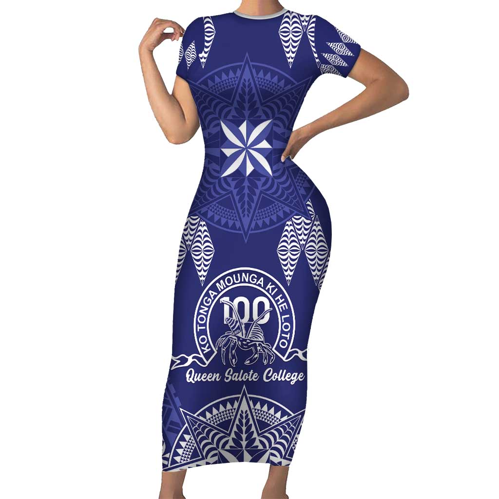 Personalised Queen Salote College Centenary Family Matching Short Sleeve Bodycon Dress and Hawaiian Shirt Tongan Kupesi Pattern LT05 Mom's Dress Navy - Polynesian Pride