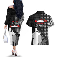 Pearl Harbor Remembrance Day Couples Matching Off The Shoulder Long Sleeve Dress and Hawaiian Shirt USS Arizona In Memory With Polynesian Pattern LT05 - Polynesian Pride