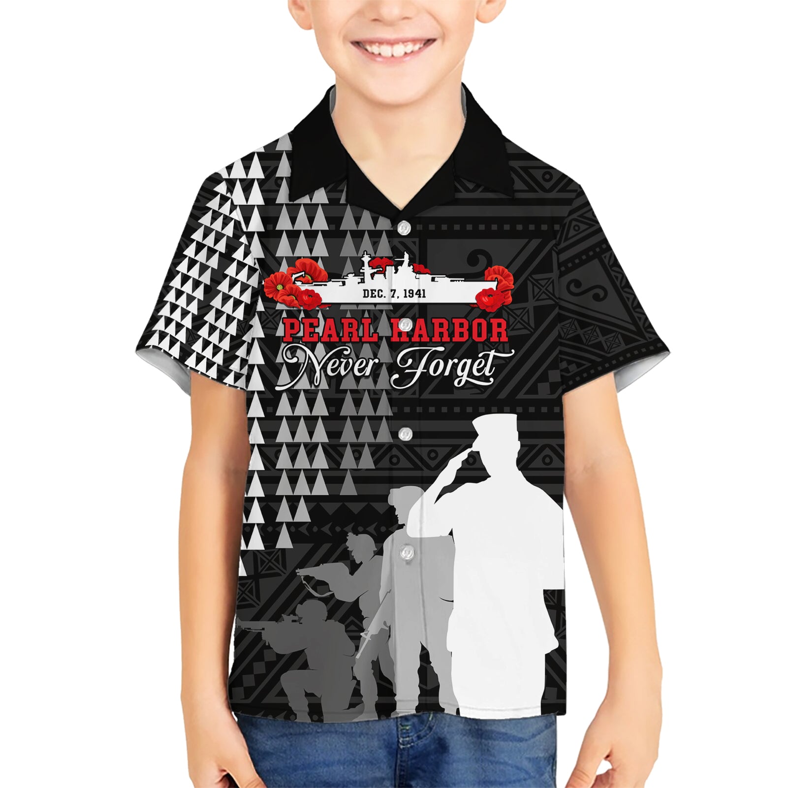 Pearl Harbor Remembrance Day Kid Hawaiian Shirt USS Arizona In Memory With Polynesian Pattern LT05 Kid Black - Polynesian Pride