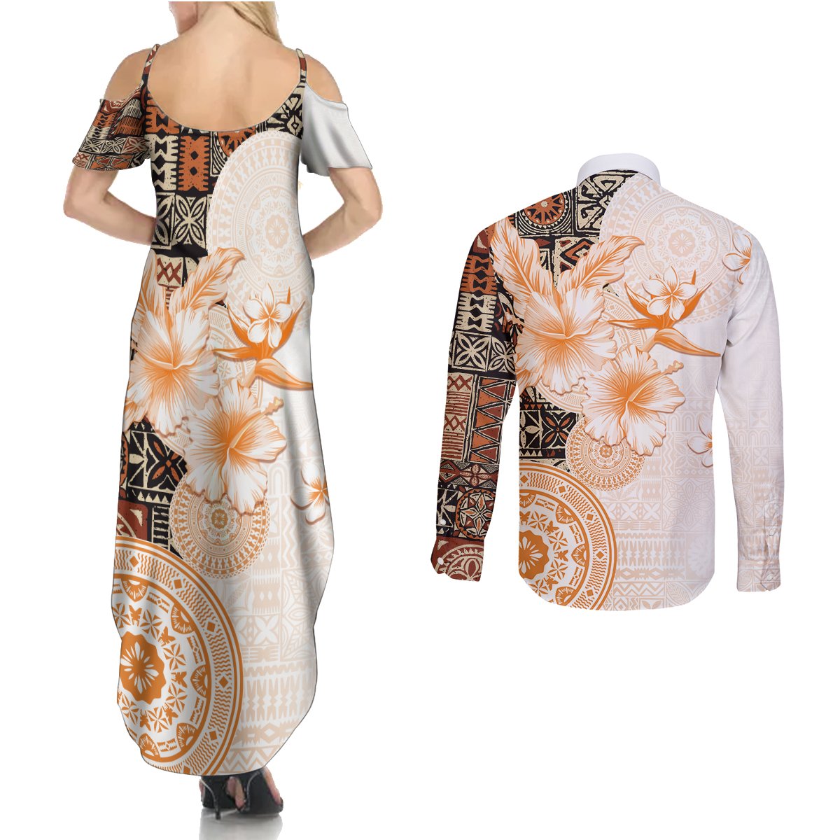 Fiji Couples Matching Summer Maxi Dress and Long Sleeve Button Shirt Masi Tapa Pattern Brown LT05 - Polynesian Pride