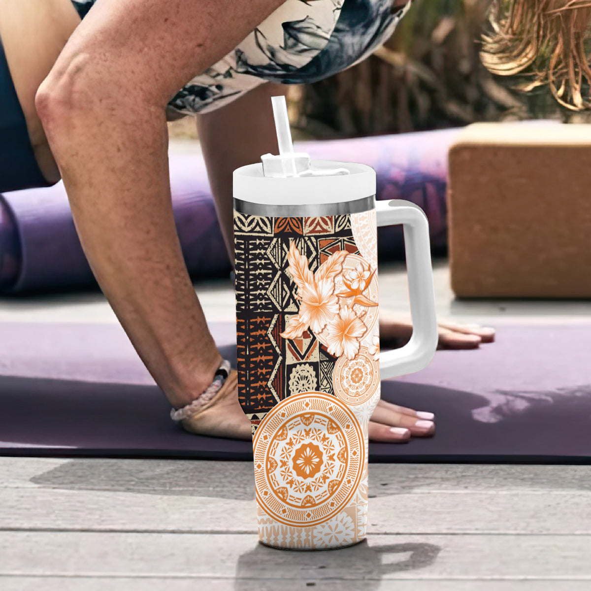 Fiji Tumbler With Handle Masi Tapa Pattern Brown