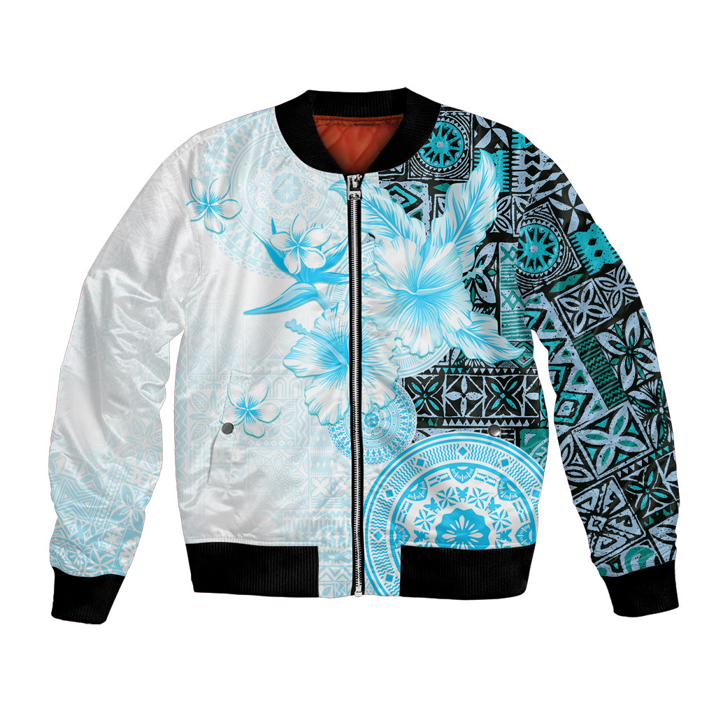 Fiji Bomber Jacket Masi Tapa Pattern Blue LT05 Unisex Blue - Polynesian Pride