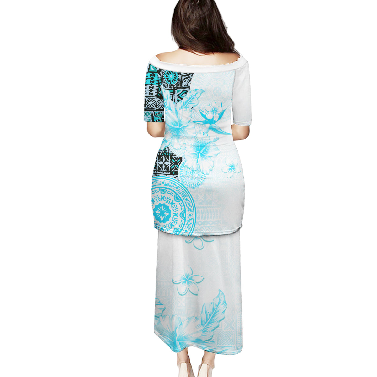 Fiji Family Matching Puletasi Dress and Hawaiian Shirt Masi Tapa Pattern Blue LT05 - Polynesian Pride