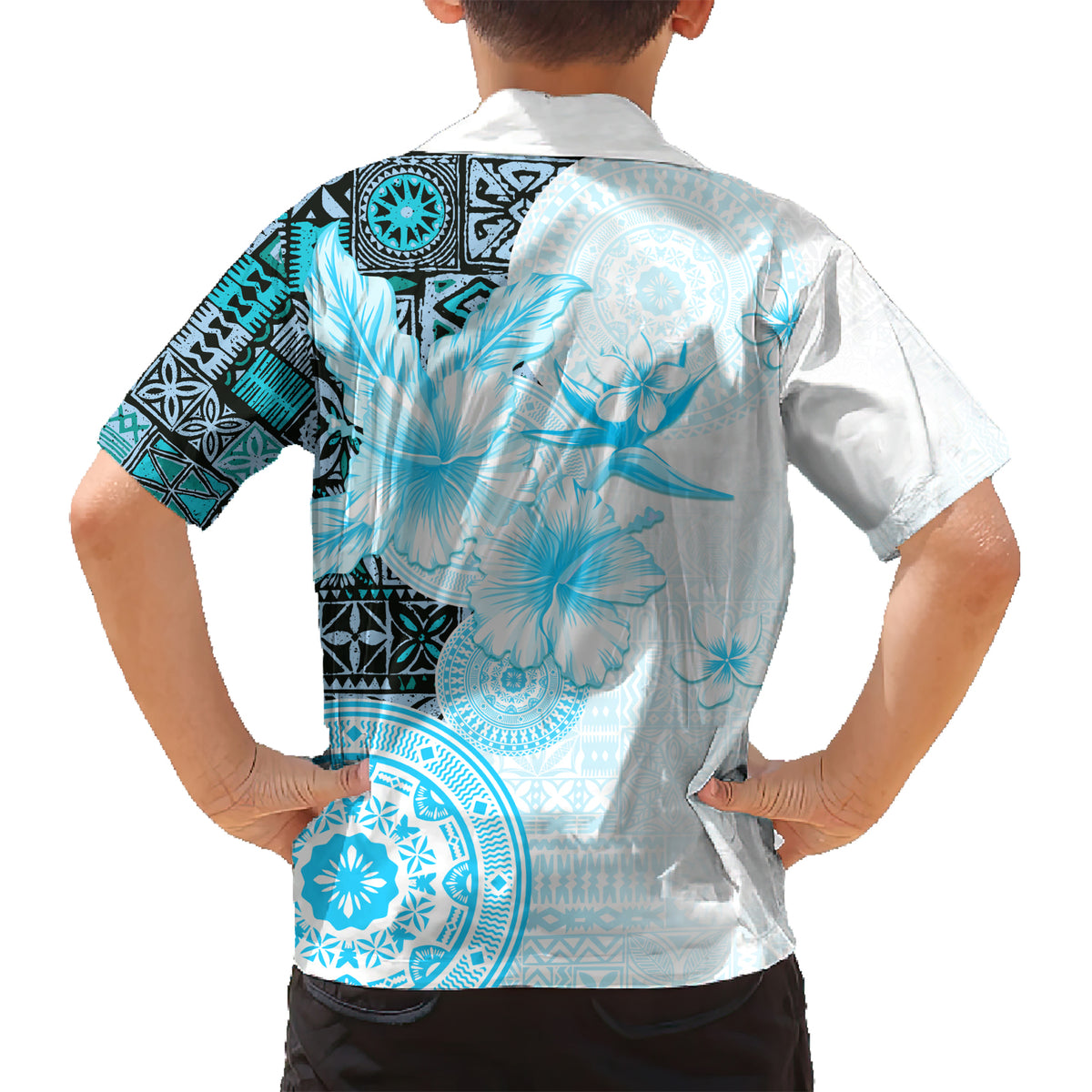Fiji Kid Hawaiian Shirt Masi Tapa Pattern Blue LT05 - Polynesian Pride