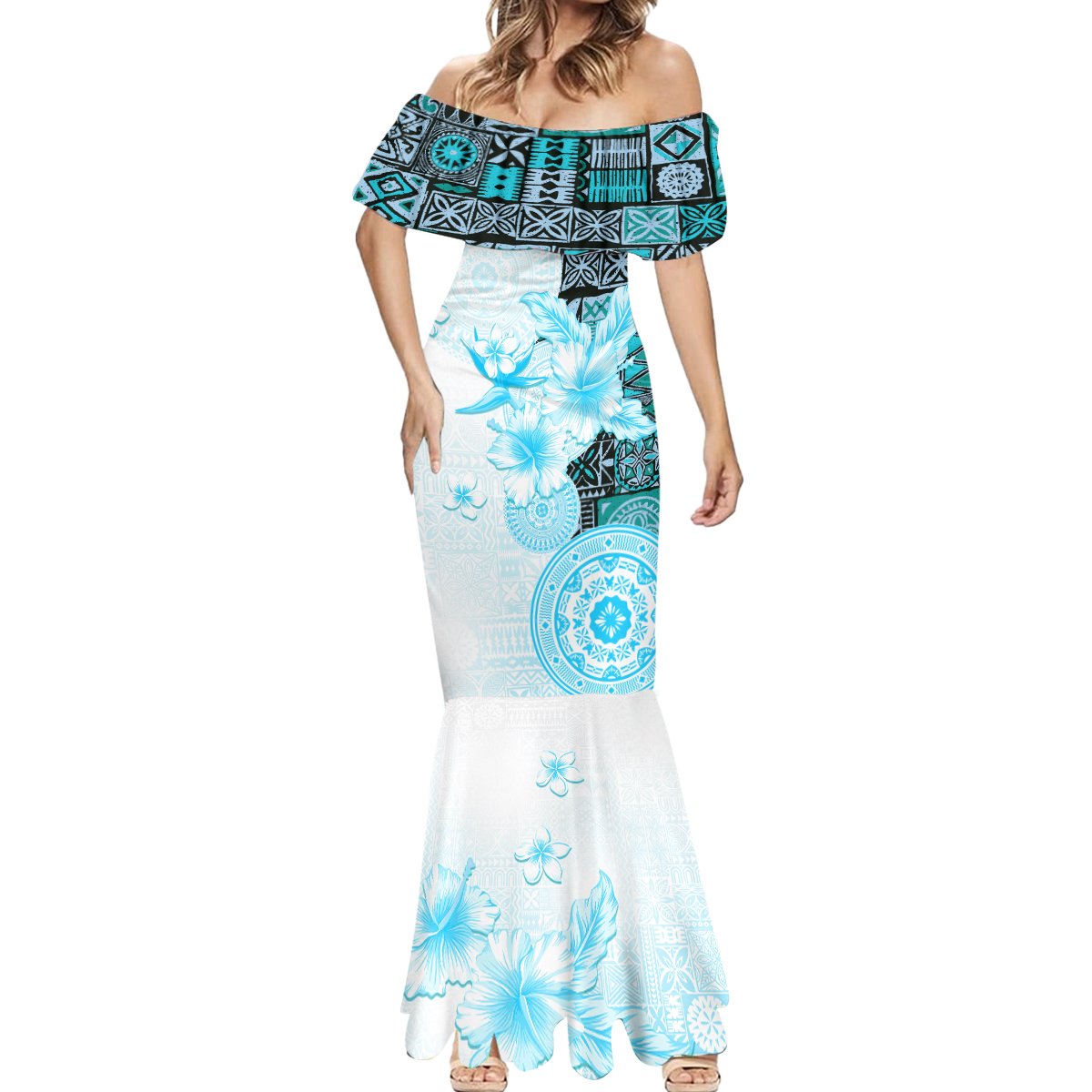 Fiji Mermaid Dress Masi Tapa Pattern Blue LT05 - Polynesian Pride