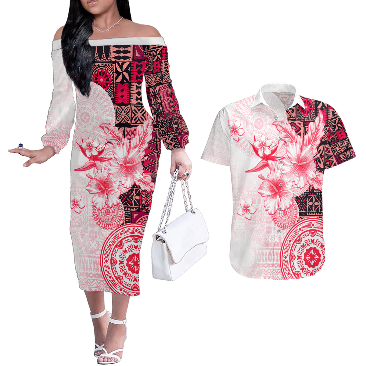 Fiji Couples Matching Off The Shoulder Long Sleeve Dress and Hawaiian Shirt Masi Tapa Pattern Red LT05 Red - Polynesian Pride