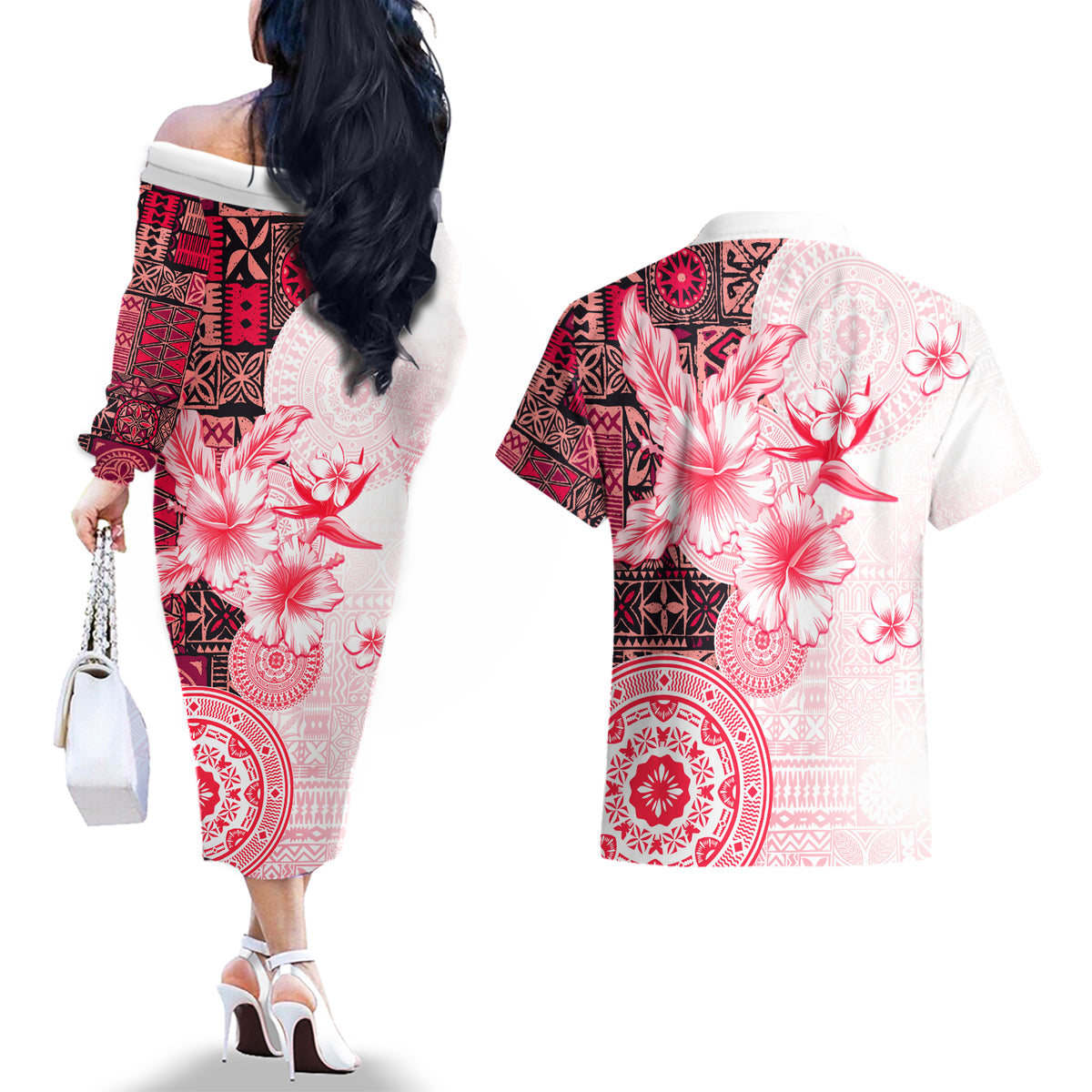 Fiji Couples Matching Off The Shoulder Long Sleeve Dress and Hawaiian Shirt Masi Tapa Pattern Red LT05 - Polynesian Pride
