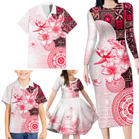 Fiji Family Matching Long Sleeve Bodycon Dress and Hawaiian Shirt Masi Tapa Pattern Red LT05 - Polynesian Pride