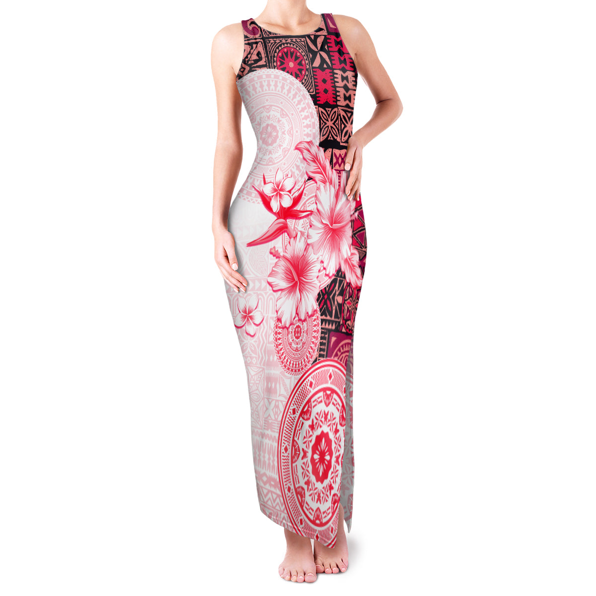 Fiji Family Matching Tank Maxi Dress and Hawaiian Shirt Masi Tapa Pattern Red LT05 Mom's Dress Red - Polynesian Pride
