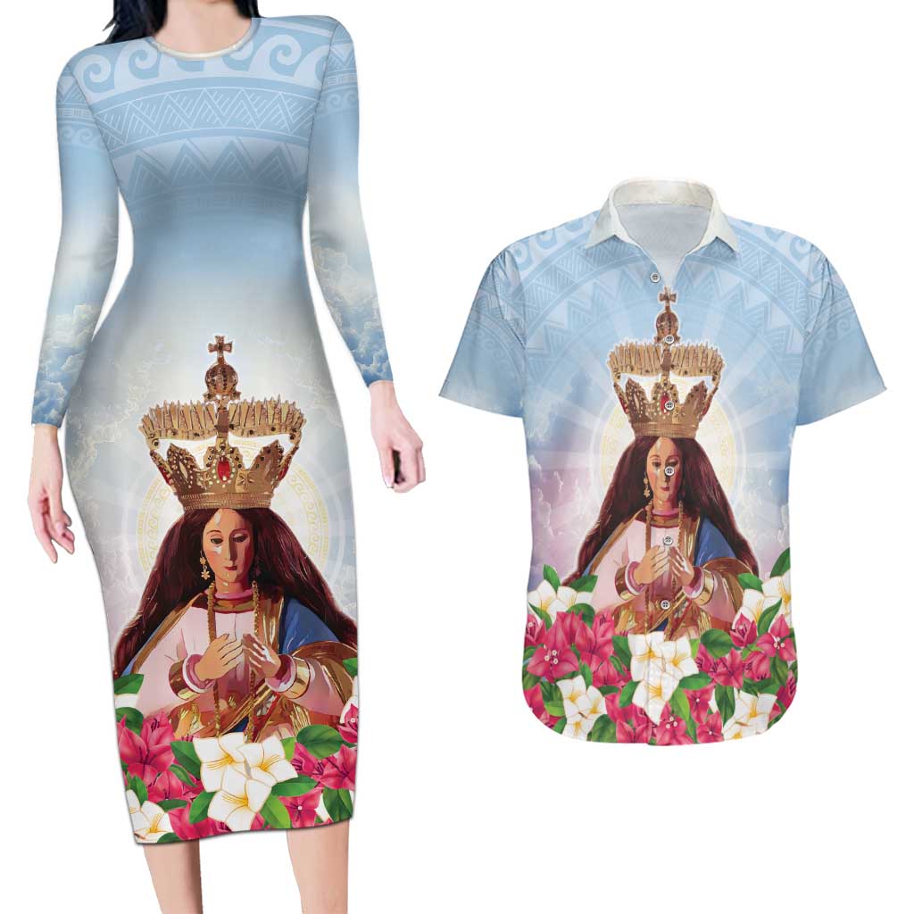 Guam Patroness Couples Matching Long Sleeve Bodycon Dress and Hawaiian Shirt The Legend Santa Marian Kamalen LT05 Blue - Polynesian Pride