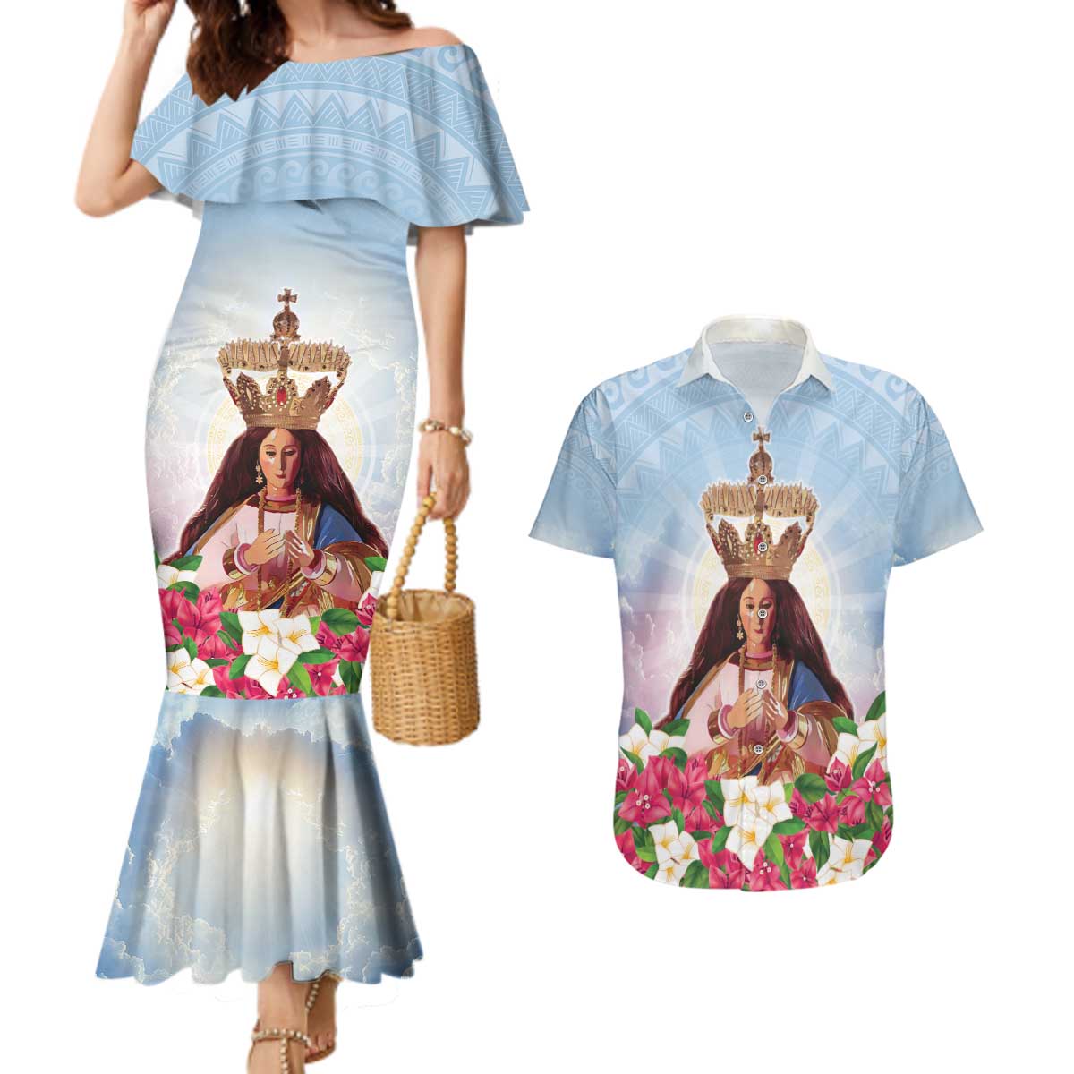 Guam Patroness Couples Matching Mermaid Dress and Hawaiian Shirt The Legend Santa Marian Kamalen LT05 Blue - Polynesian Pride