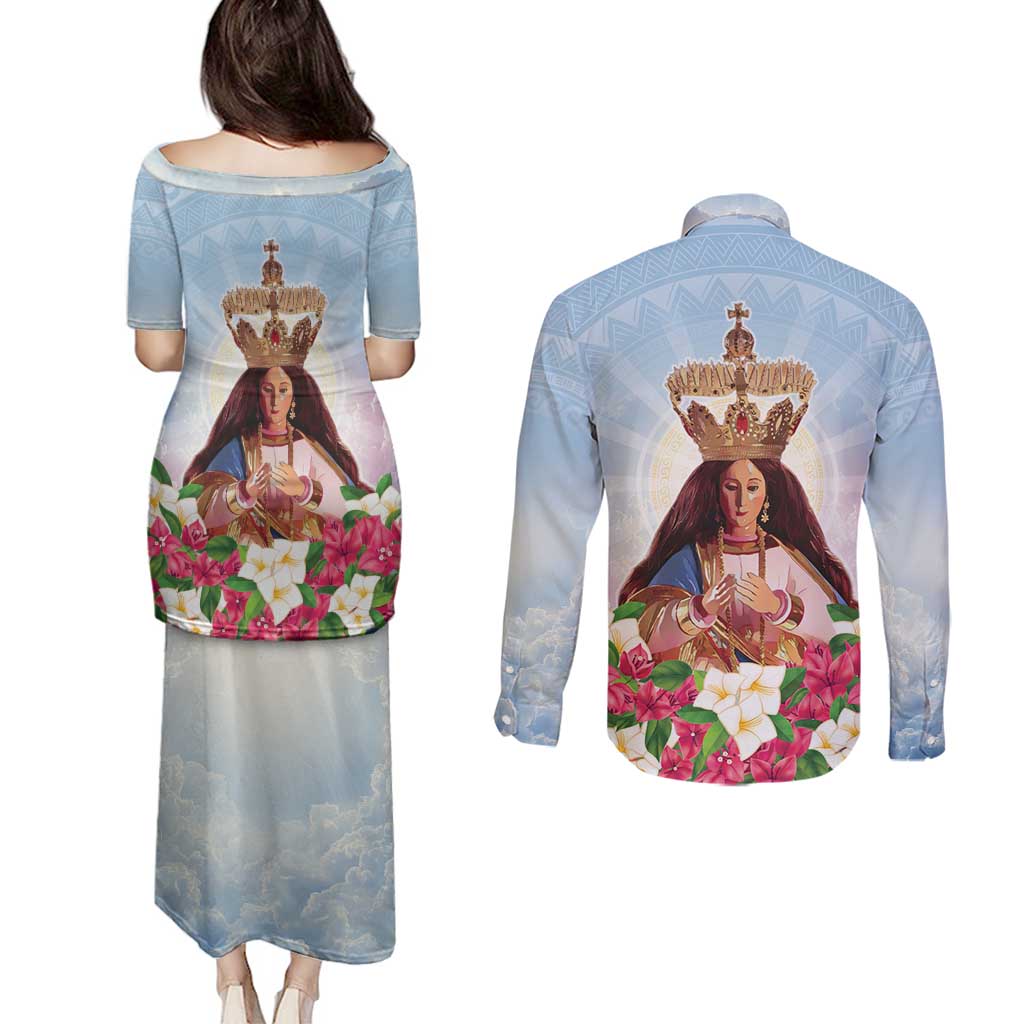 Guam Patroness Couples Matching Puletasi and Long Sleeve Button Shirt The Legend Santa Marian Kamalen