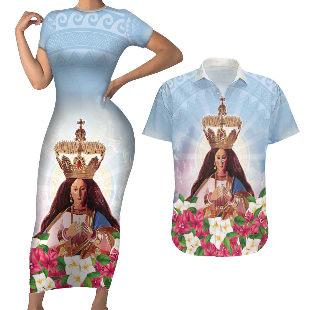 Guam Patroness Couples Matching Short Sleeve Bodycon Dress and Hawaiian Shirt The Legend Santa Marian Kamalen LT05 Blue - Polynesian Pride