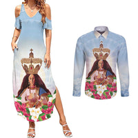 Guam Patroness Couples Matching Summer Maxi Dress and Long Sleeve Button Shirt The Legend Santa Marian Kamalen