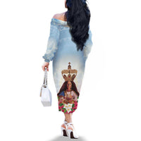 Guam Patroness Family Matching Off The Shoulder Long Sleeve Dress and Hawaiian Shirt The Legend Santa Marian Kamalen LT05 - Polynesian Pride