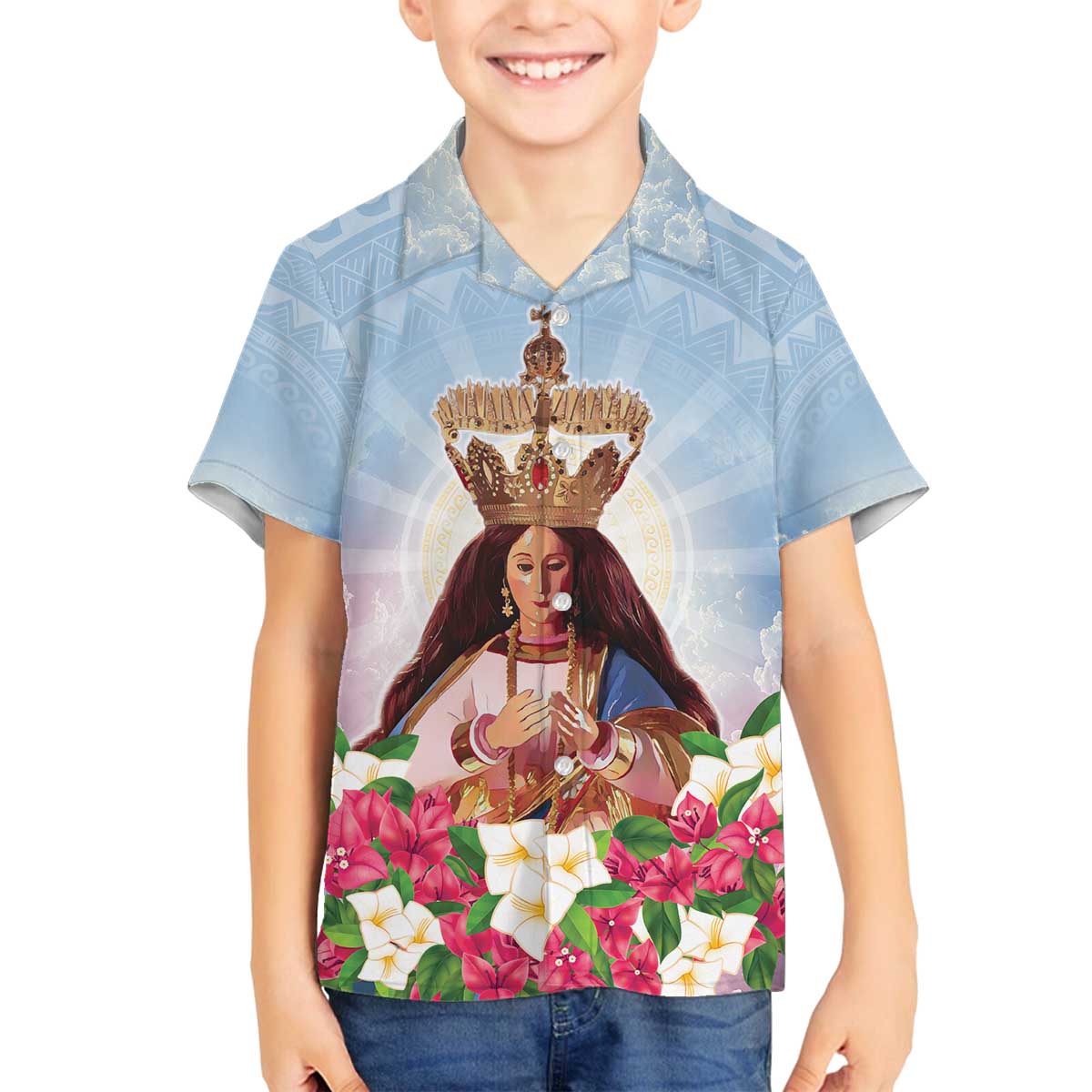 Guam Patroness Family Matching Off The Shoulder Long Sleeve Dress and Hawaiian Shirt The Legend Santa Marian Kamalen LT05 Son's Shirt Blue - Polynesian Pride