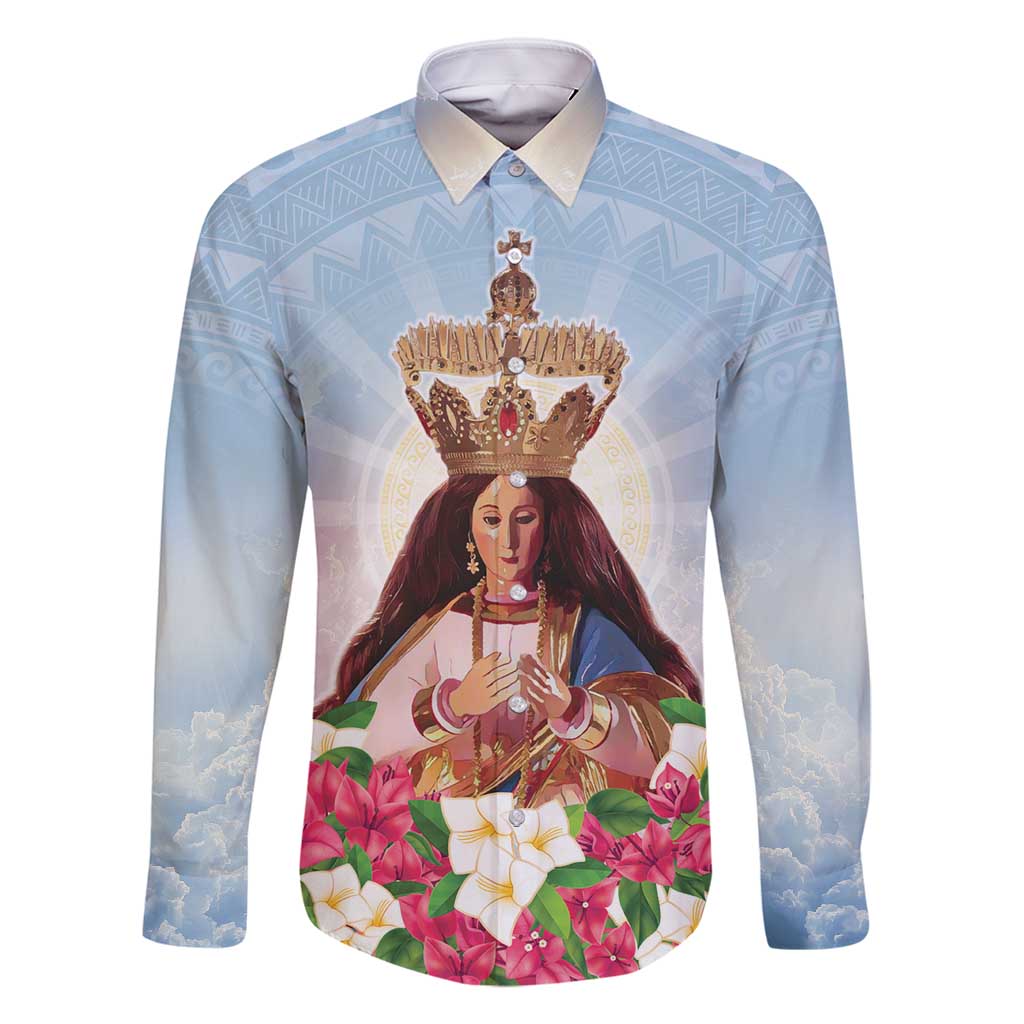 Guam Patroness Family Matching Off Shoulder Maxi Dress and Hawaiian Shirt The Legend Santa Marian Kamalen LT05 Dad's Shirt - Long Sleeve Blue - Polynesian Pride