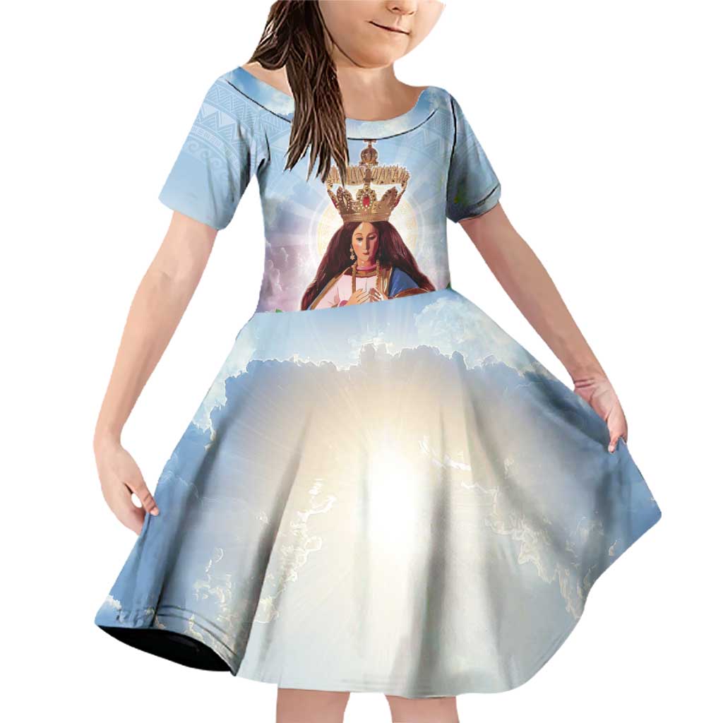 Guam Patroness Family Matching Off Shoulder Short Dress and Hawaiian Shirt The Legend Santa Marian Kamalen LT05 Daughter's Dress Blue - Polynesian Pride