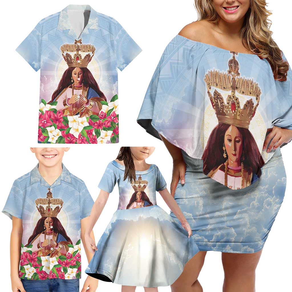 Guam Patroness Family Matching Off Shoulder Short Dress and Hawaiian Shirt The Legend Santa Marian Kamalen LT05 - Polynesian Pride