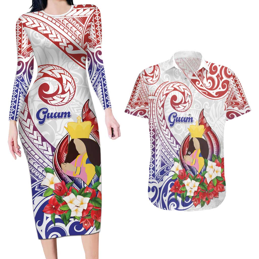 Happy Guam Santa Marian Kamalen Day Couples Matching Long Sleeve Bodycon Dress and Hawaiian Shirt LT05 White - Polynesian Pride