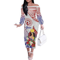 Happy Guam Santa Marian Kamalen Day Family Matching Off The Shoulder Long Sleeve Dress and Hawaiian Shirt LT05 Mom's Dress White - Polynesian Pride