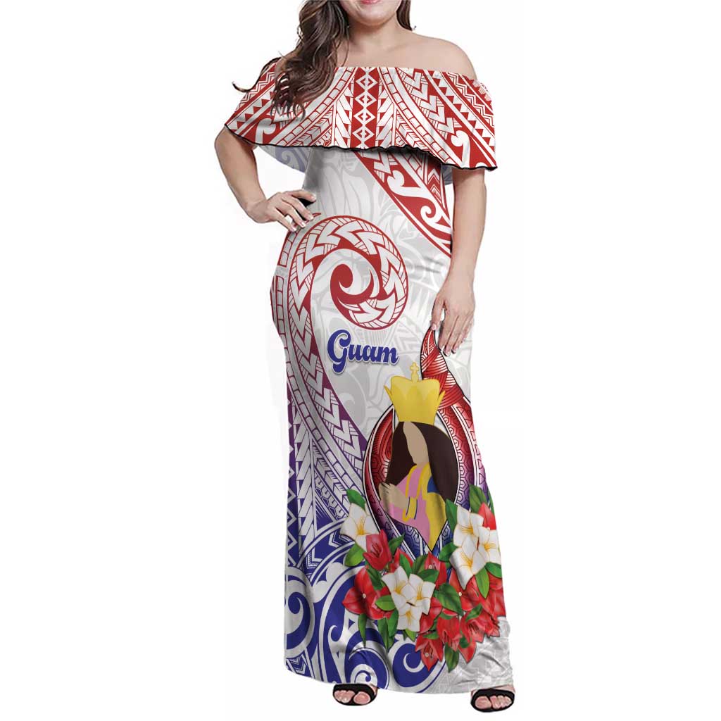 Happy Guam Santa Marian Kamalen Day Family Matching Off Shoulder Maxi Dress and Hawaiian Shirt LT05 Mom's Dress White - Polynesian Pride