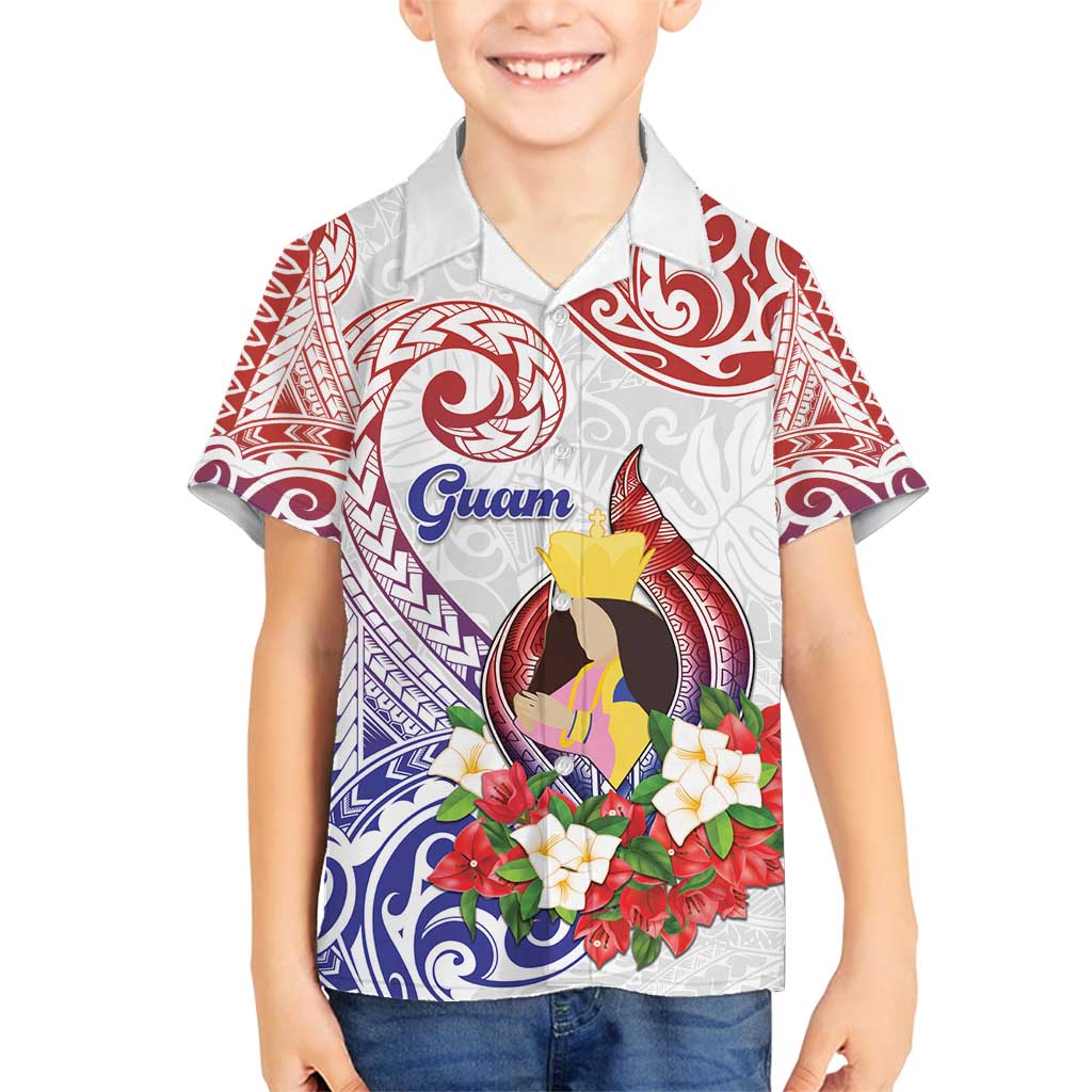 Happy Guam Santa Marian Kamalen Day Family Matching Off Shoulder Short Dress and Hawaiian Shirt LT05 Son's Shirt White - Polynesian Pride