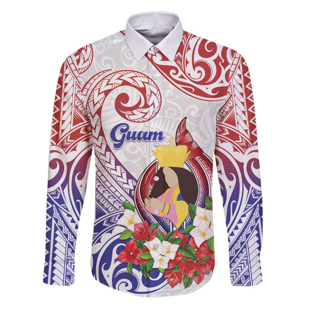 Happy Guam Santa Marian Kamalen Day Family Matching Puletasi and Hawaiian Shirt LT05 Dad's Shirt - Long Sleeve White - Polynesian Pride