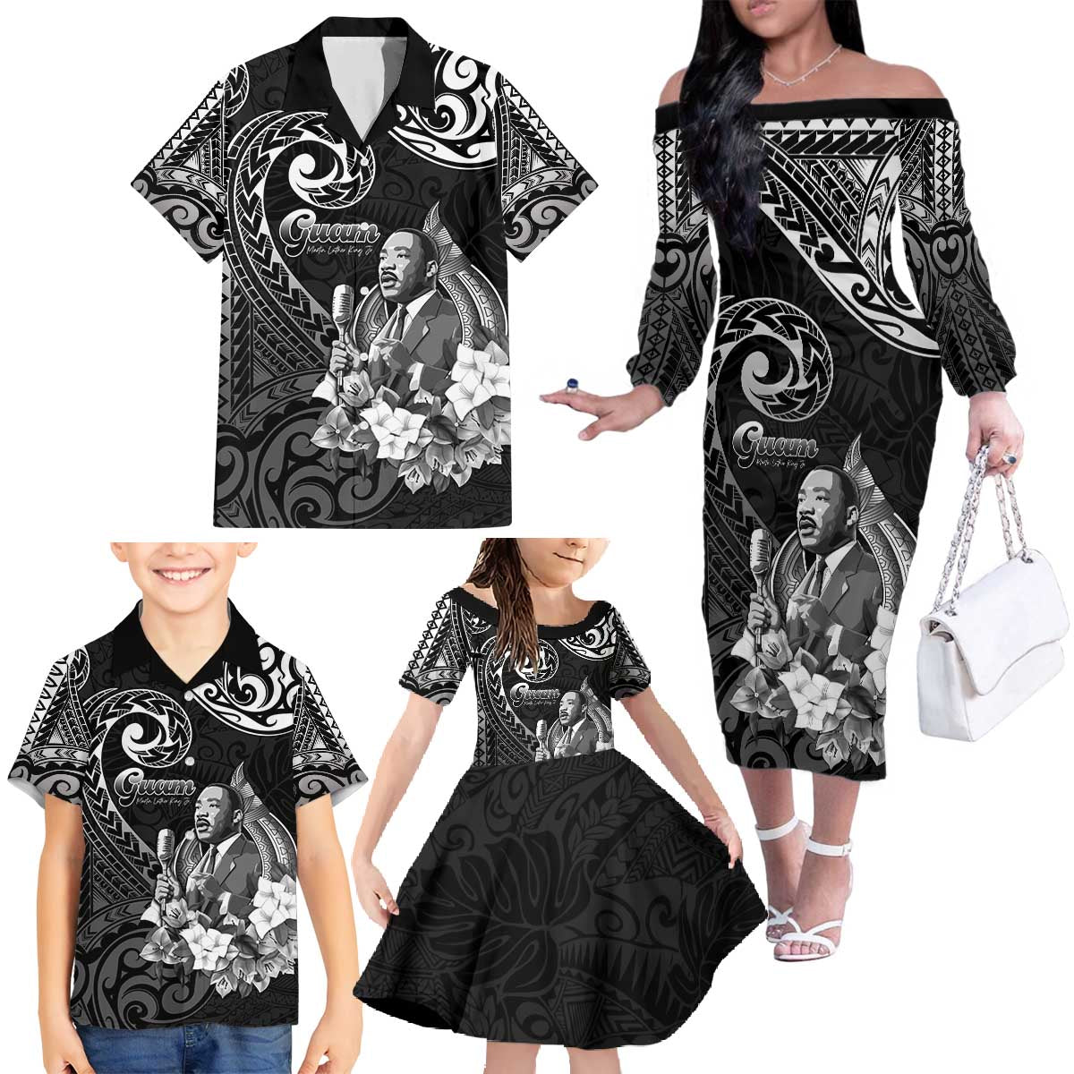 Guam MLK Day Family Matching Off The Shoulder Long Sleeve Dress and Hawaiian Shirt The Legacy Of MLK LT05 - Polynesian Pride