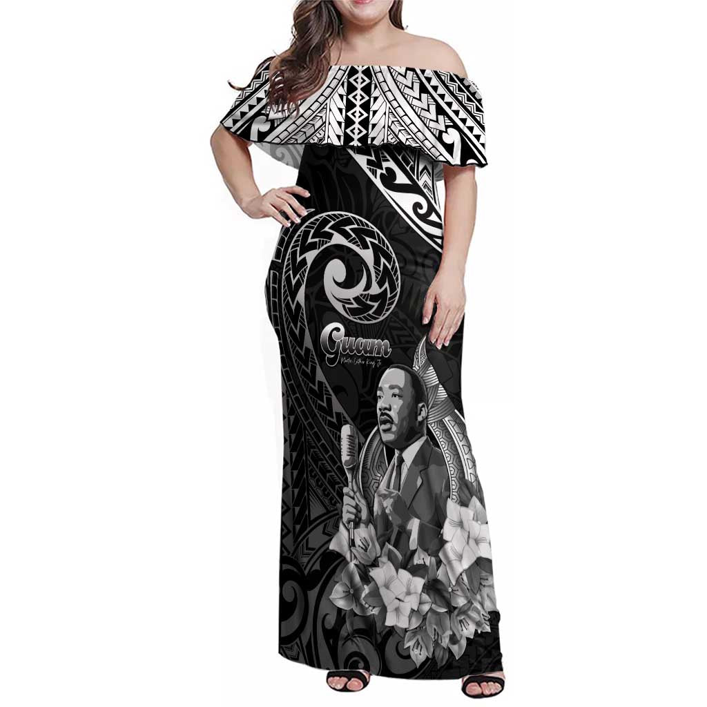 Guam MLK Day Family Matching Off Shoulder Maxi Dress and Hawaiian Shirt The Legacy Of MLK LT05 Mom's Dress Black - Polynesian Pride